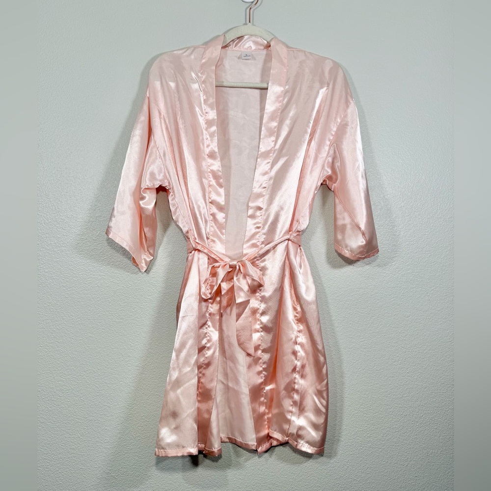 Robe Satin Silk Like Kimono Pink Blush Bridal Party Wedding Tie Belt Women Large